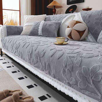 Yusenyi plush sofa cushion gray gold velvet non-slip cushion sofa cover lace plush armrest and back cover rabbit plush branch blue gray 70x150cm (1 picture)