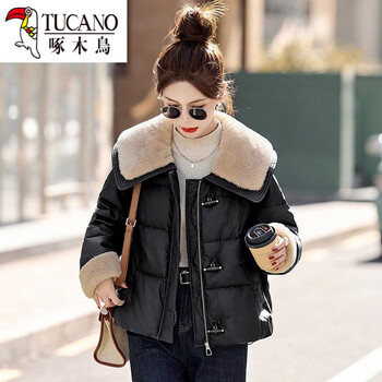 Woodpecker (tucano) horn button down jacket women's short this winter new loose white duck down pu leather disposable small thick jacket classic black m