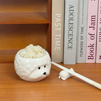 Yusenyi creative cute ins three-dimensional puppy rice bowl ceramic household tableware bichon frize rice bowl gift box set cute bichon frize bowl-chopstick holder