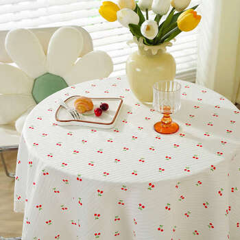 Yusenyi round tablecloth with fresh style ins dining table round cloth waterproof coffee table cloth fabric tablecloth a lot0830 pure cotton small cherry 110x160 (applicable to regular coffee table size)