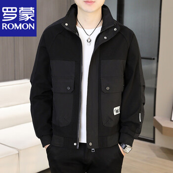 Romon 2025 spring and autumn new men's jacket trendy versatile handsome workwear stand-up collar jacket men's short windbreaker gown black l (85-105 catties recommended)