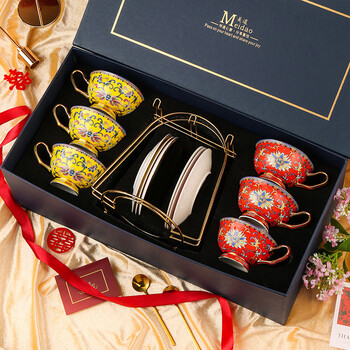 Mppmck bone china coffee set fudao cup exquisite afternoon tea set best friend’s birthday and wedding gift fudao-red and yellow-6 cups and saucers with arched stand-dark blue gift box with greeting card + handbag