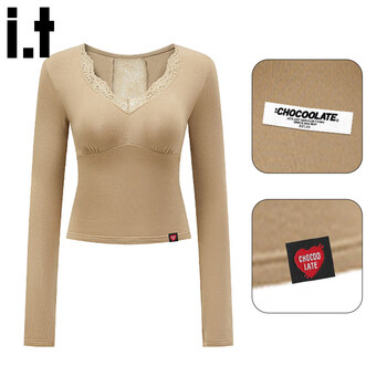 Chocoolate it women's french pure lust style lace v-neck backless long-sleeved t-shirt for women 2026 spring slim bottoming top khaki s