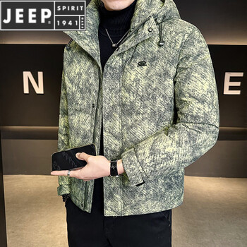 Jeep spirit down jacket men's hooded winter 2025 new thickened warm tie-dyed clothes cold-proof jacket winter green m