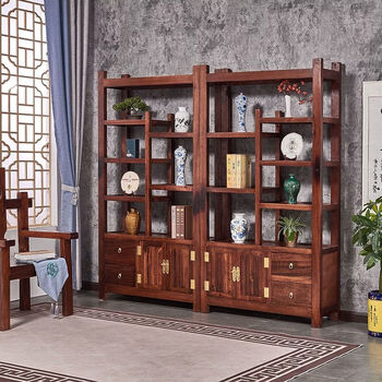 Chinese style boat wood shelf solid wood bookshelf display cabinet living room tea room tea rack partition floor shelf custom left door shelf 1-1.2 meters