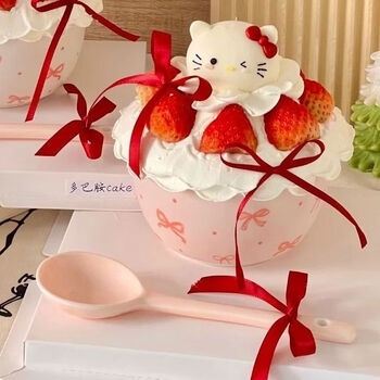 Linian large batch spot internet celebrity christmas cream strawberry cake bowl kt cat hug bowl decorative bowl bow 1 bowl 1 spoon pink bow 4.5 inch bowl