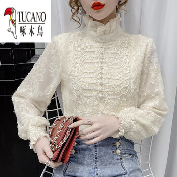 Woodpecker (tucano) temperament high collar plus velvet lace shirt for women autumn and winter 2026 new style chiffon top fashion slimming bottoming shirt apricot m