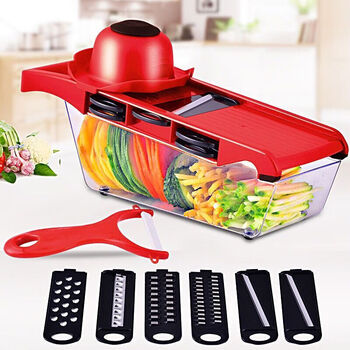 Tuojin multifunctional vegetable cutter, potato shredder, grater, cucumber shredded slicer, classic red (with five blades, no ceramic planer hand guard)