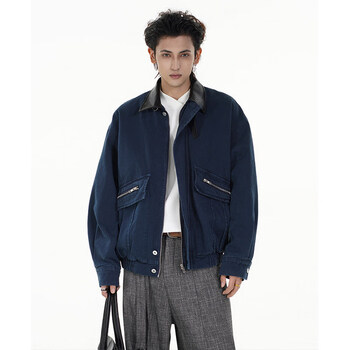 Derejerine trendy barn style work jacket men and women street retro handsome big pocket washed lapel coat short jacket navy blue l