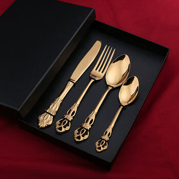 Sheli quality same style european palace style tableware set embossed stainless steel steak knife fork spoon carved western gold four-piece set + gift box