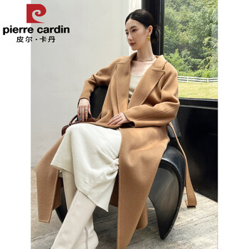 Pierre cardin 2025 new autumn and winter 10% goat hair red double-sided wool coat women's mid-length waisted temperament coat 10% cashmere camel standard xs within 100 pounds