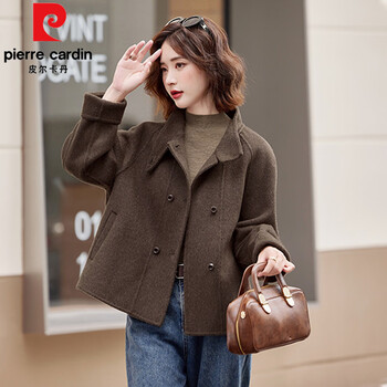 Pierre cardin french stand-up collar double-sided cashmere coat for women 2025 new spring high-end loose casual small short coat brown. s recommended within 110 pounds