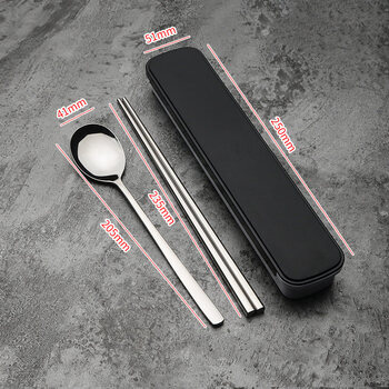 Tuojin japan imported quality chopstick box spoon set 304 stainless steel tableware three-piece set fork korean students can round primary color spoon chopstick box black push and pull