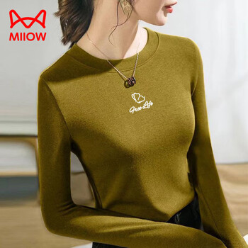 Miiow 2025 new autumn and winter double-sided german velvet round neck bottoming shirt for women with long-sleeved t-shirt slimming warm sweatshirt for women ny912#butterfly mustard yellow m recommended 85-100 pounds