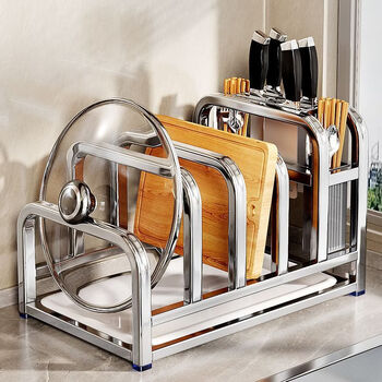 Fantasy stainless steel kitchen knife holder, cutting board storage rack, multi-functional countertop pot lid, knife and chopsticks integrated knife and chopstick storage rack, gun ash, single slot with hook