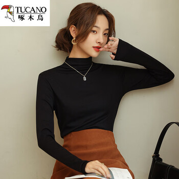 Woodpecker (tucano) half turtle collar modal bottoming shirt for women spring and autumn black style mid-collar top autumn and winter plus velvet white long sleeves slimming black m suitable for 80-95 jin