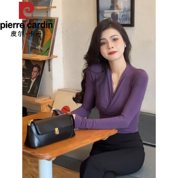 Pierre cardin (pierre cardin) retro hong kong style v-neck bottoming t-shirt for women spring and autumn new style unique waist slimming inner short cross pleated top purple s
