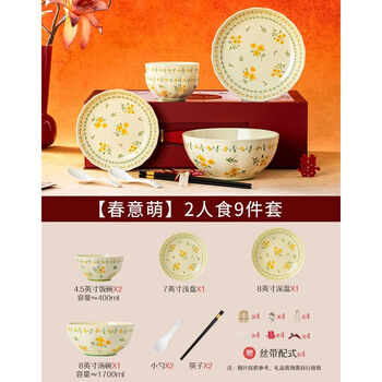 Yomerto christmas gift for newlyweds, best friend, engagement box, tableware set, high-end and practical housewarming bowl, exquisite gift box, spring cute 9-piece set for 2 people, no specifications