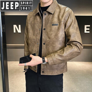 Jeep spirit jeep american fashion brand leather jacket men's autumn 2025 new retro trendy high-end motorcycle leather jacket coffee color regular xl 125-145 catties