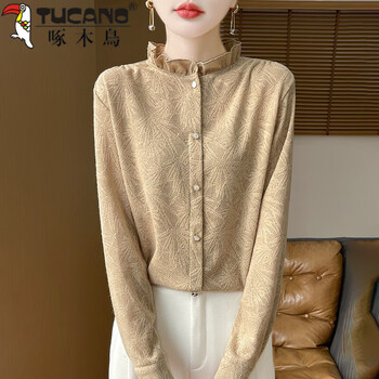 Woodpecker (tucano) autumn new high-end fungus lace collar worsted knitted bottoming shirt women's half turtleneck jacquard all-match shirt khaki l