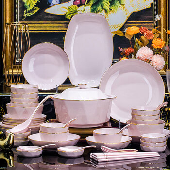 Tuojin jingdezhen high-quality underglaze color bowl and dish set, household light luxury ceramic tableware set, high-value bowls, plates and chopsticks, underglaze color pink diamond, 6-person meal, 36-piece set