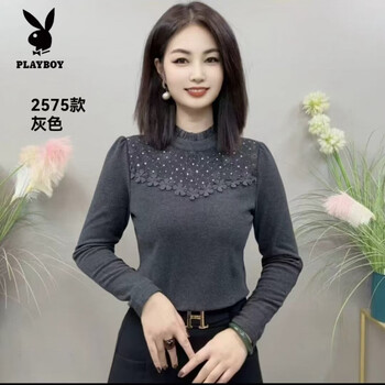 Playboy (playboy) new autumn and winter high-collar color bottoming hollow fashion splicing long-sleeved western style slimming thickened warm top for women gray l 85-110 catties