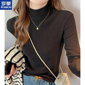 Romon half-high collar warm long-sleeved german velvet bottoming shirt for women in autumn and winter, fat mm large size plus velvet thickened slim-fitting top, black xl, suitable for weight 135-150 pounds