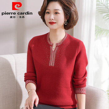 Pierre cardin's zodiac year mother's wear all-in-one velvet bottoming sweater plus velvet thickened top middle-aged and elderly women's style warm suit red without velvet m recommended 80-105 pounds