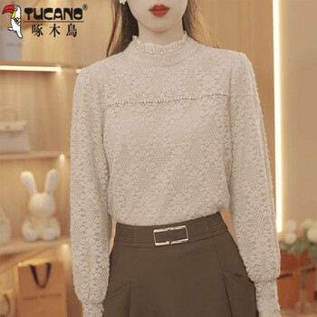 Woodpecker (tucano) european beaded plus velvet long-sleeved lace knitted bottoming shirt for women 2025 spring new niche warm slimming top khaki lined regular m recommended 85-110 pounds