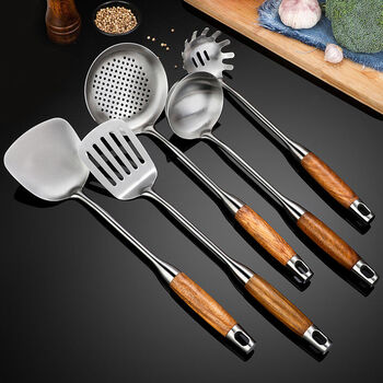 Sanqihu flower handle 304 stainless steel large soup spoon long handle anti-scalding spoon household kitchen soup porridge porridge cooking spoon spatula + frying spatula + soup spoon + colander + flour griddle