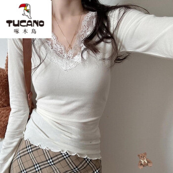 Woodpecker (tucano) black lace low v-neck bottoming shirt for women autumn and winter 2026 new tea art style german velvet pure desire inner slim fit top white spring and autumn version m