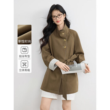 Shangjing mid-length stand-up collar lace-up waist windbreaker jacket for women 2026 spring new style relaxed top versatile casual jacket khaki m