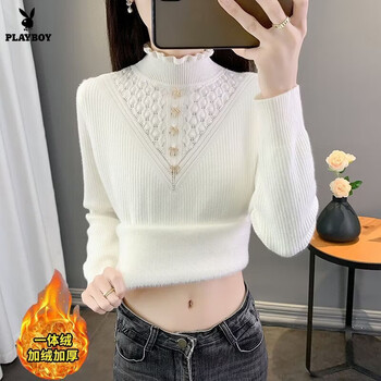 Playboy (playboy) half turtleneck plus velvet thickened sweater bottoming shirt for women autumn and winter 2026 inner warm one-piece velvet knitted bottoming shirt official flagship white l