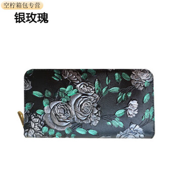 Ye yu zipper long women's wallet hand-painted clutch retro women's handbag new embossed mobile phone bag cowhide silver