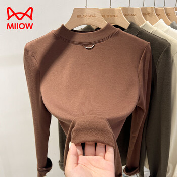 Miiow brushed round neck plus velvet bottoming shirt for women, autumn and winter 2025 new style unique and chic long-sleeved t-shirt slim fit top chain/half turtleneck brown xl