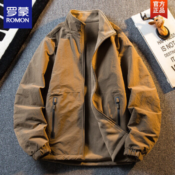 Romon hpcp velvet thickened reversible jacket men's autumn and winter warm thickened polar fleece men's casual stand collar jacket camel reversible xl (131-145 pounds)