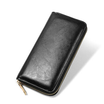 Cowhide wallet men's 2024 new leather wallet genuine oil wax leather wallet men's long large capacity handbag wallet black