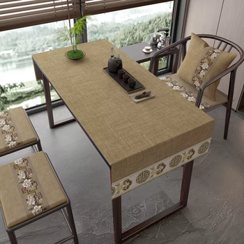 Yusenyi chinese solid wood tea tablecloth waterproof cotton and linen coffee table cloth rectangular tablecloth tea mat tea ceremony tea table cushion customization ping an ruyi coffee color hemp color (waterproof type) 70x180cm suitable for tables around 1.4 meters