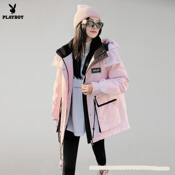 Playboy thickened parker workwear down jacket 2026 winter casual warm hooded jacket waist jacket official flagship pink s (80-120
