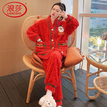 Langsha winter coral velvet thickened women's red zodiac year pajamas for women comfortable and warm wedding festive loose home clothes red santa m (80-100 pounds)