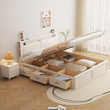 Pupan white solid wood storage bed modern simple cream style 1.8m 1.5 double bed master bedroom box storage bed single bed 1350mm*1900mm x air pressure structure