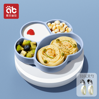 Aibedila baby meal plate, suction cup, grid tray, silicone straw, supplementary food bowl, eating training spoon, children's tableware set, cat's claw blue, including 316l fork and spoon