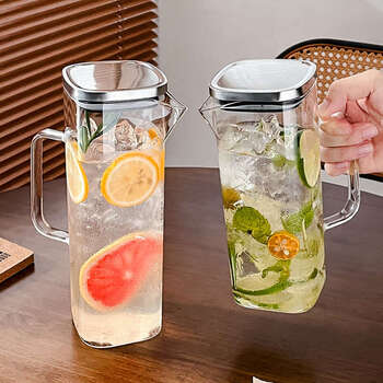 Yusenyi wine pourer glass tie pot glass high temperature resistant explosion-proof juice pot restaurant bar foreign wine beverage cold water bottle square glass tie pot 1 liter stainless steel lid 0ml