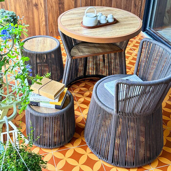 Fantasy leisure tea table, tea-making barbecue, small table and chairs, electric ceramic stove, round tea table, small tea-making table and chair combination around the stove, tea sea style, yunshuijian walnut color, 1 table and 3 chairs, electric ceramic stove not included