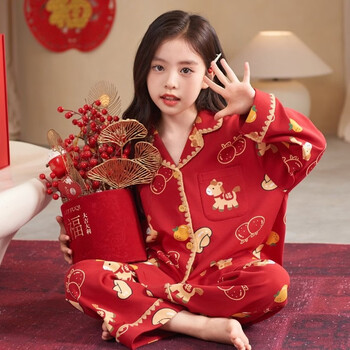 Miiow pure cotton big red children's pajamas new year autumn and winter girls cartoon embroidery girls year of the horse and animal year home clothes golden horse blessings-girls pure cotton 100% good luck new year m recommended 150-160cm/about 85-100 pounds