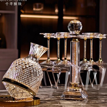 High-end gold diamond light luxury burgundy red cup set rotating waker for home grape glass decoration for gift giving 520ml gold diamond red cup*6+rotating waker+6 hanging gold diamond cup holder