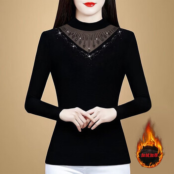 Dulan autumn western style high-end chic small shirt 2025 new winter long-sleeved women's velvet turtleneck bottoming shirt thickened 293# black velvet xl suitable for 110-120 pounds