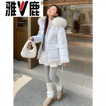 Yalu oversized real fur collar workwear parka down jacket pink women's winter new thickened mid-length coat light light blue s
