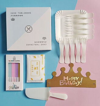 1+customized cake plate, knife, fork and spoon set, disposable tableware plate, fork and saucer, birthday candle paper plate set, upgraded model, blue and white box, 100 sets for 10 people