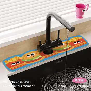 Yusenyi cartoon faucet absorbent pad diatom mud wash basin drain pad pool splash pad kitchen sink mat yp french fries burger blue 10x40cm (water retaining strip non-porous)